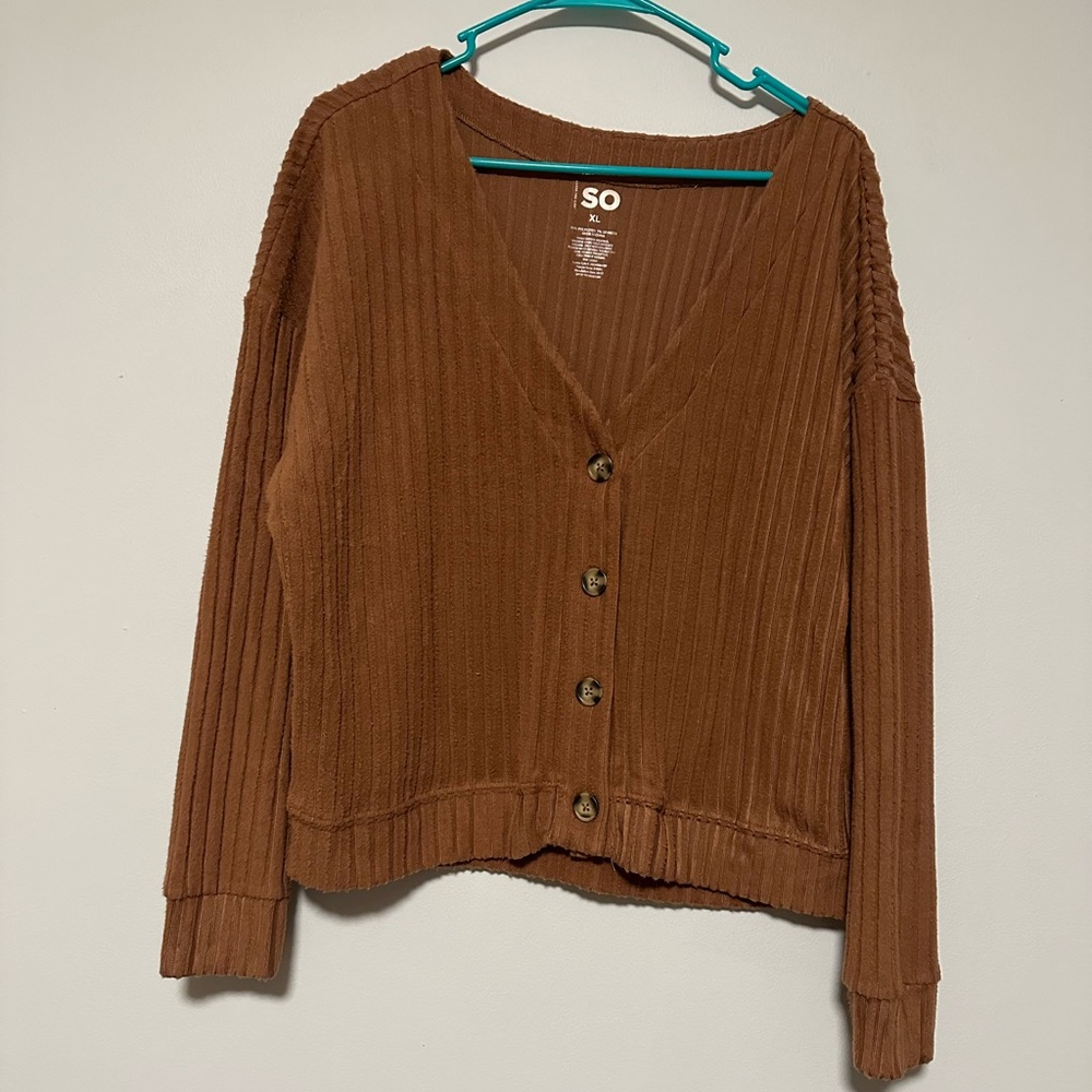 SO Brown Button‎ Up Cropped Fuzzy V-neck Cardigan size XL